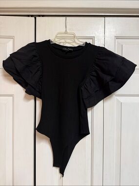 Black Ruffle Sleeve Bodysuit with Feminine Layers